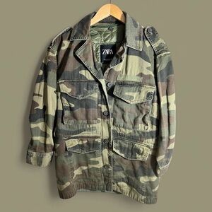 Women's Zara Cotton Green Military Style Camo Jacket Full Zip/Button Up Size XS